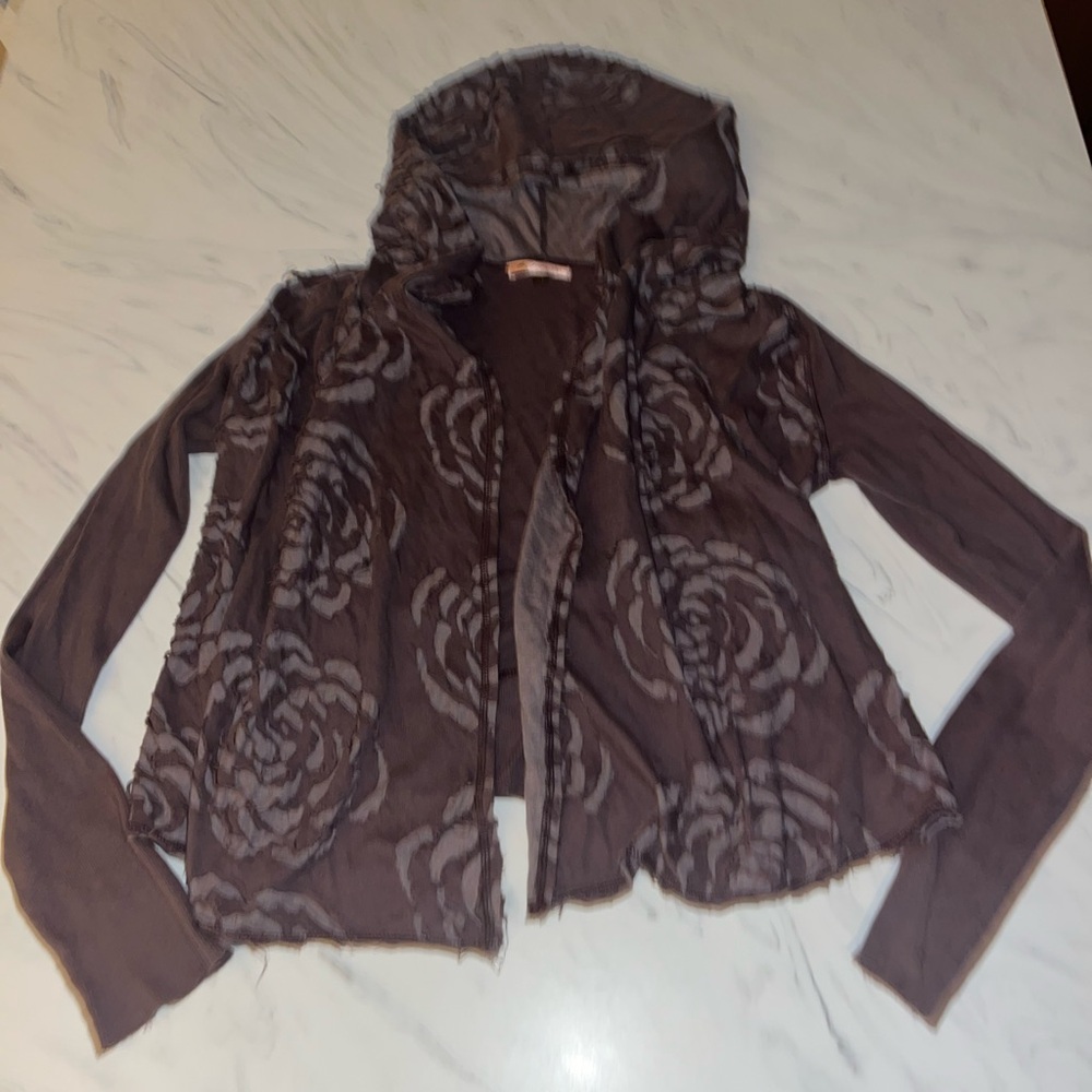 Soup lavendar open front cardigan sweater floral cutout ribbed m